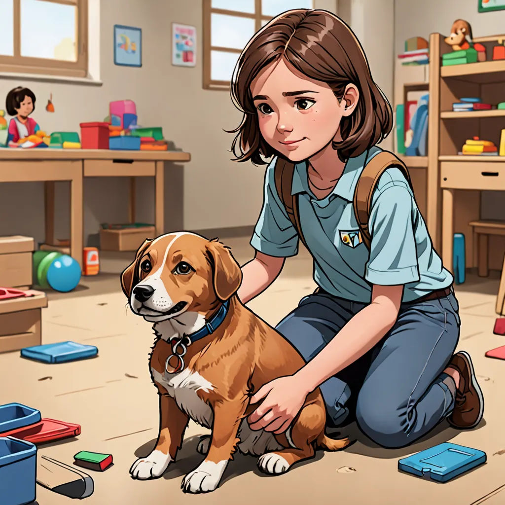 a girl kneeling down next to a dog in a room with toys and a desk with a bookcase, american scene painting, a storybook illustration, Ada Gladys Killins, official art