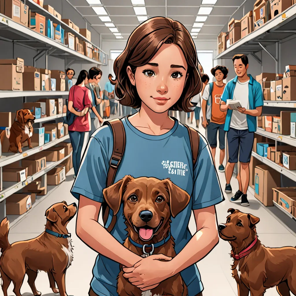 a woman with a backpack and two dogs in a library with people in the background and shelves full of books, furry art, a comic book panel, Ada Gladys Killins, comic cover art