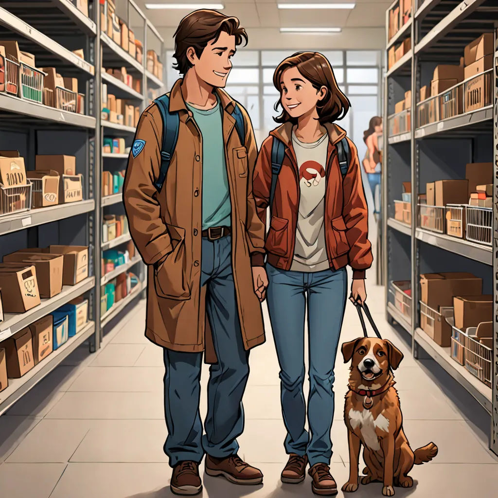a man and woman standing in a store with a dog on a leash next to shelves of boxes and boxes, process art, a comic book panel, Artgerm, comic cover art