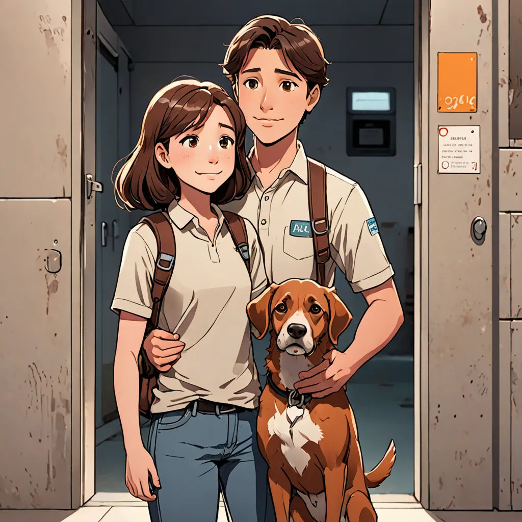 a man and woman standing next to a dog in a hallway with a door open to the hallway and a dog on the ground, space art, a comic book panel, David Park, official art