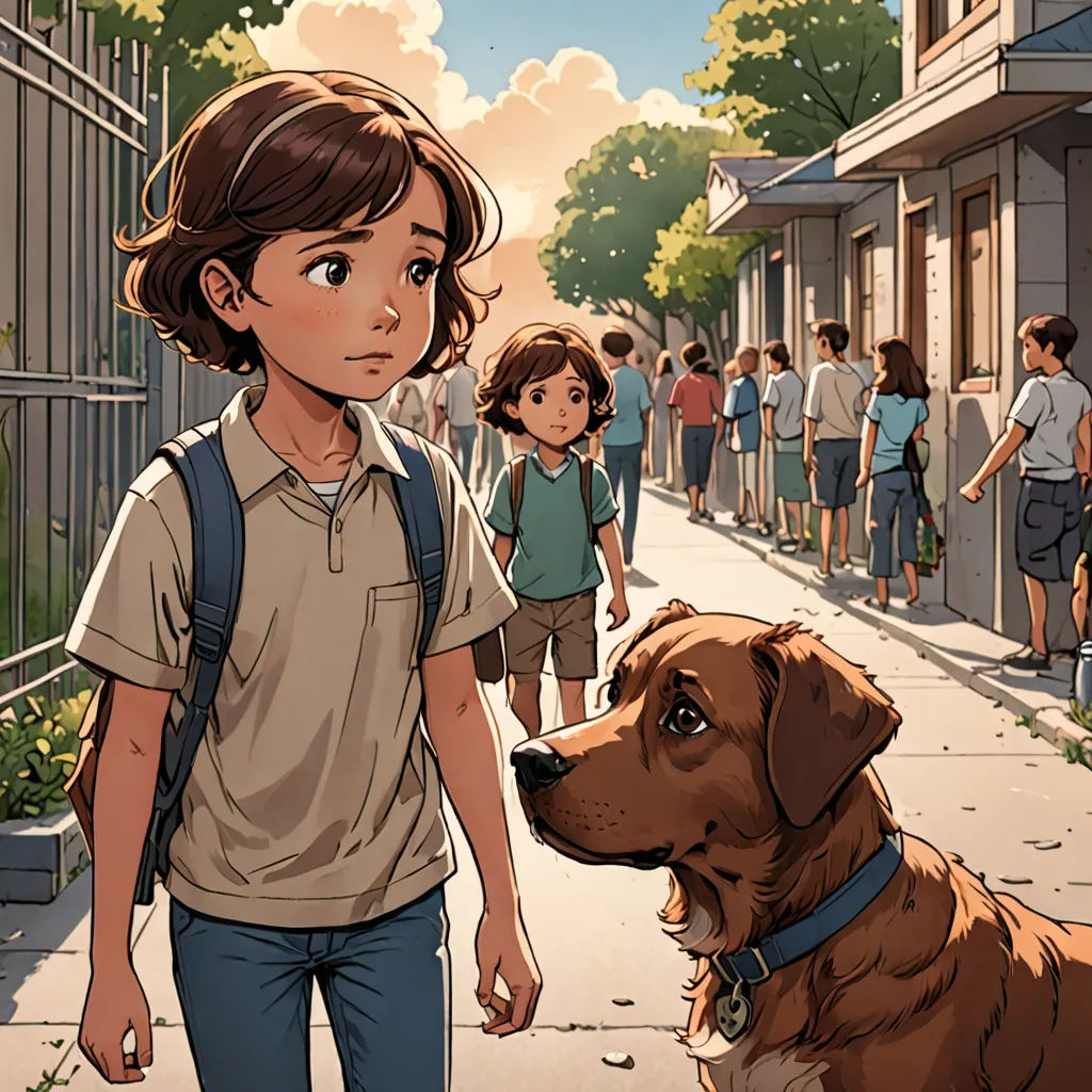 a boy and a dog are walking down the street with a group of people in the background on a sunny day, paris school, a comic book panel, Diego Gisbert Llorens, comic cover art