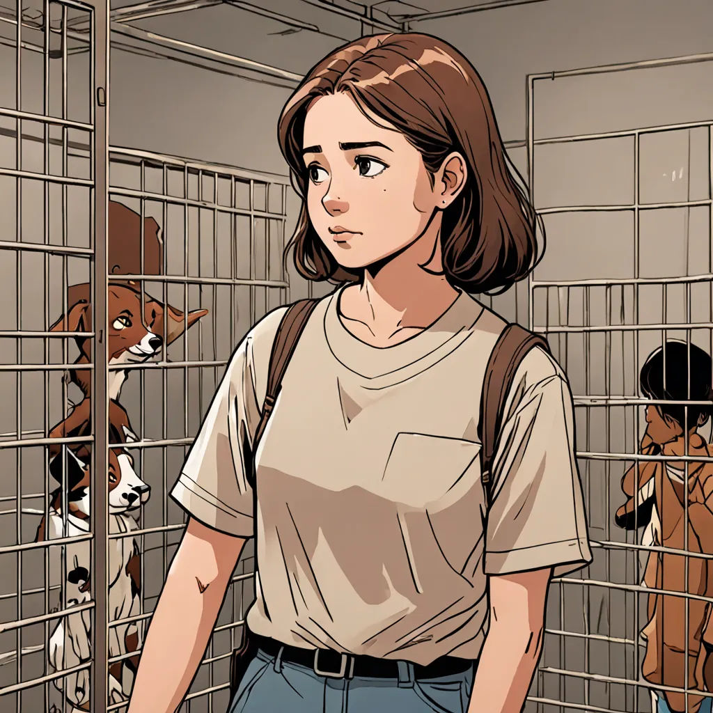 a woman standing in a cage with a dog in it's mouth and a dog in the other cage, furry art, a comic book panel, Clarice Beckett, comic cover art
