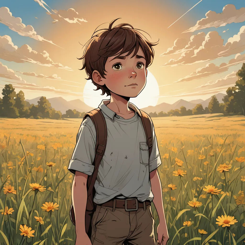 a boy standing in a field of flowers with a sun in the background and clouds in the sky above, serial art, a storybook illustration, Aaron Jasinski, rossdraws global illumination