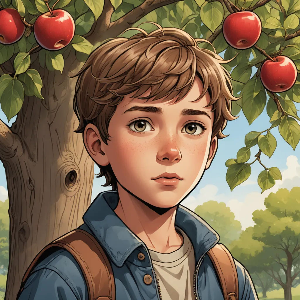 a boy standing under a tree with apples on it's branches and a backpack on his shoulder, in front of a tree with red apples on it, sots art, a character portrait, Aaron Jasinski, comic cover art