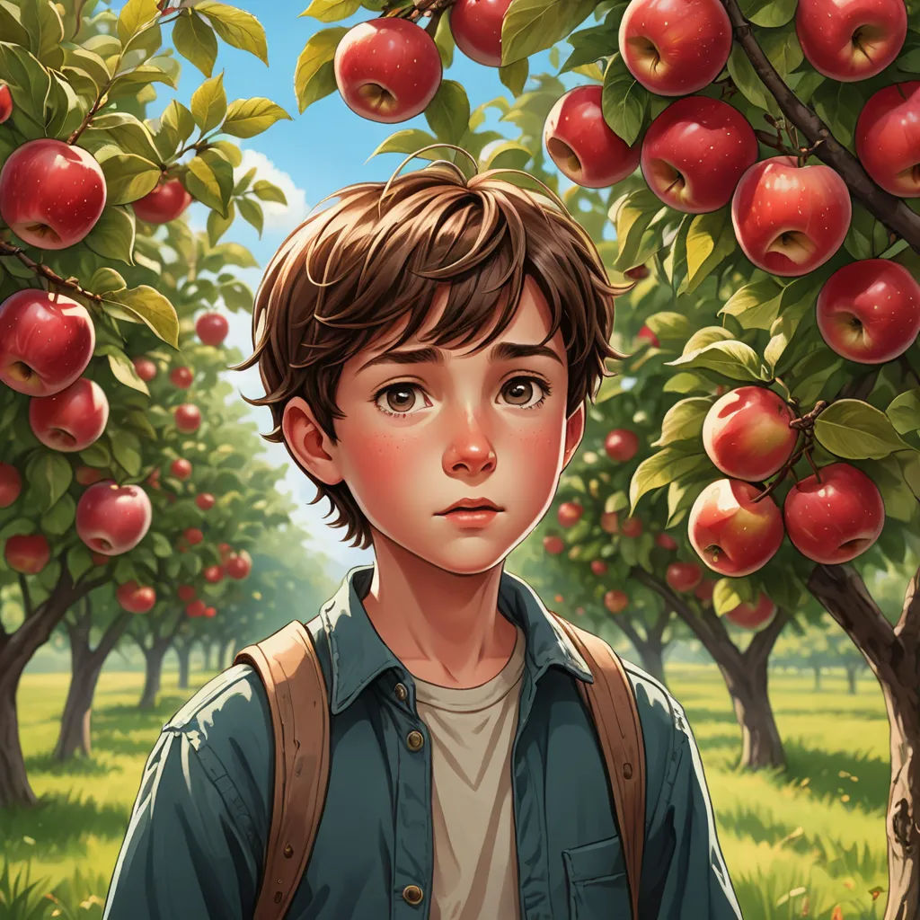 a boy standing in front of a tree filled with apples in a field of grass and trees with red apples, photorealism, a storybook illustration, Aaron Jasinski, official art