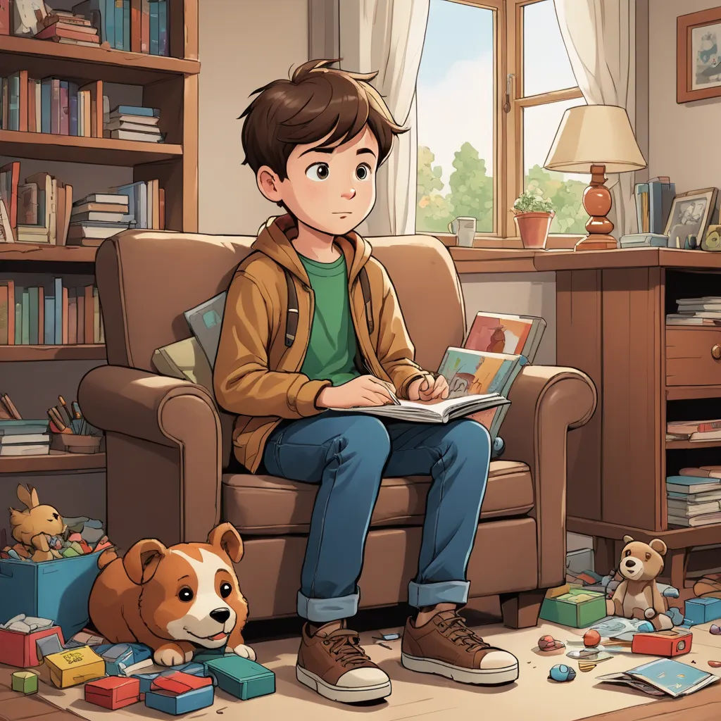 a boy sitting in a chair with a book and a dog in front of him and a dog laying on the floor, american scene painting, a storybook illustration, Aaron Jasinski, official art