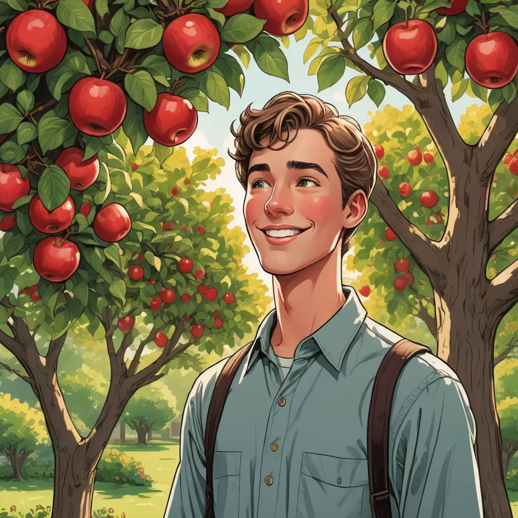a man standing under a tree filled with red apples in a park with a green field and trees in the background, american realism, a storybook illustration, Evan Charlton, kinkade
