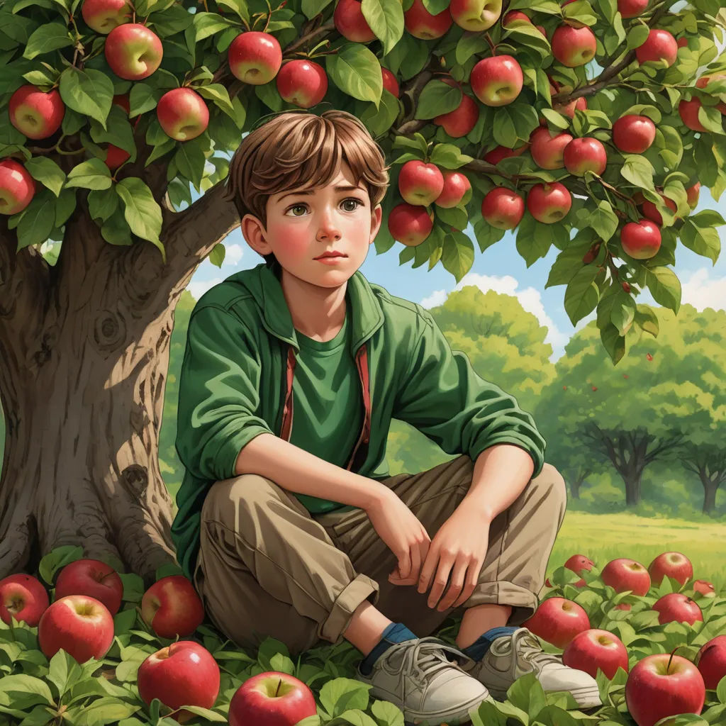 a painting of a boy sitting under a tree with apples on it's branches and a field of grass and trees in the background, fantasy art, a storybook illustration, Aaron Jasinski, highly detailed digital painting