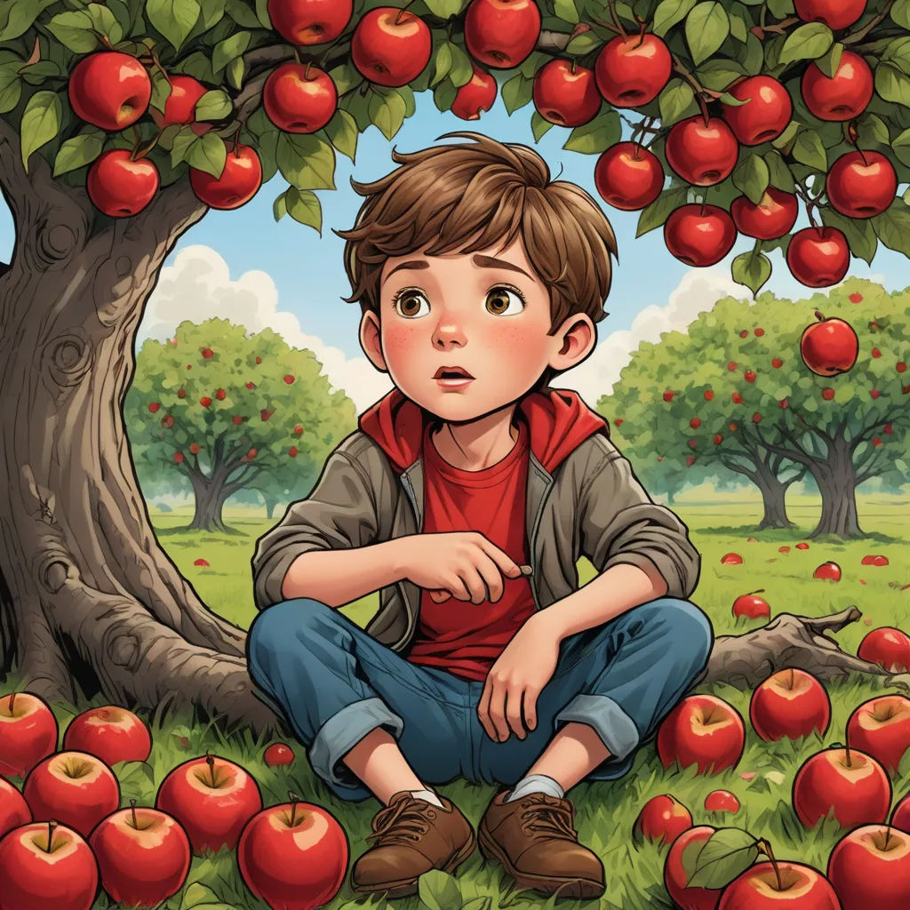 a boy sitting under a tree with apples on it in a field of apples, with a sky background, magical realism, a storybook illustration, Aaron Jasinski, storybook illustration