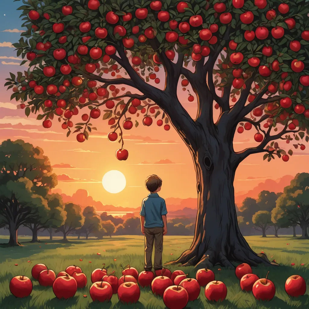 a boy standing in front of a tree with apples on it at sunset, with the sun setting behind him, precisionism, a storybook illustration, David Martin, storybook illustration