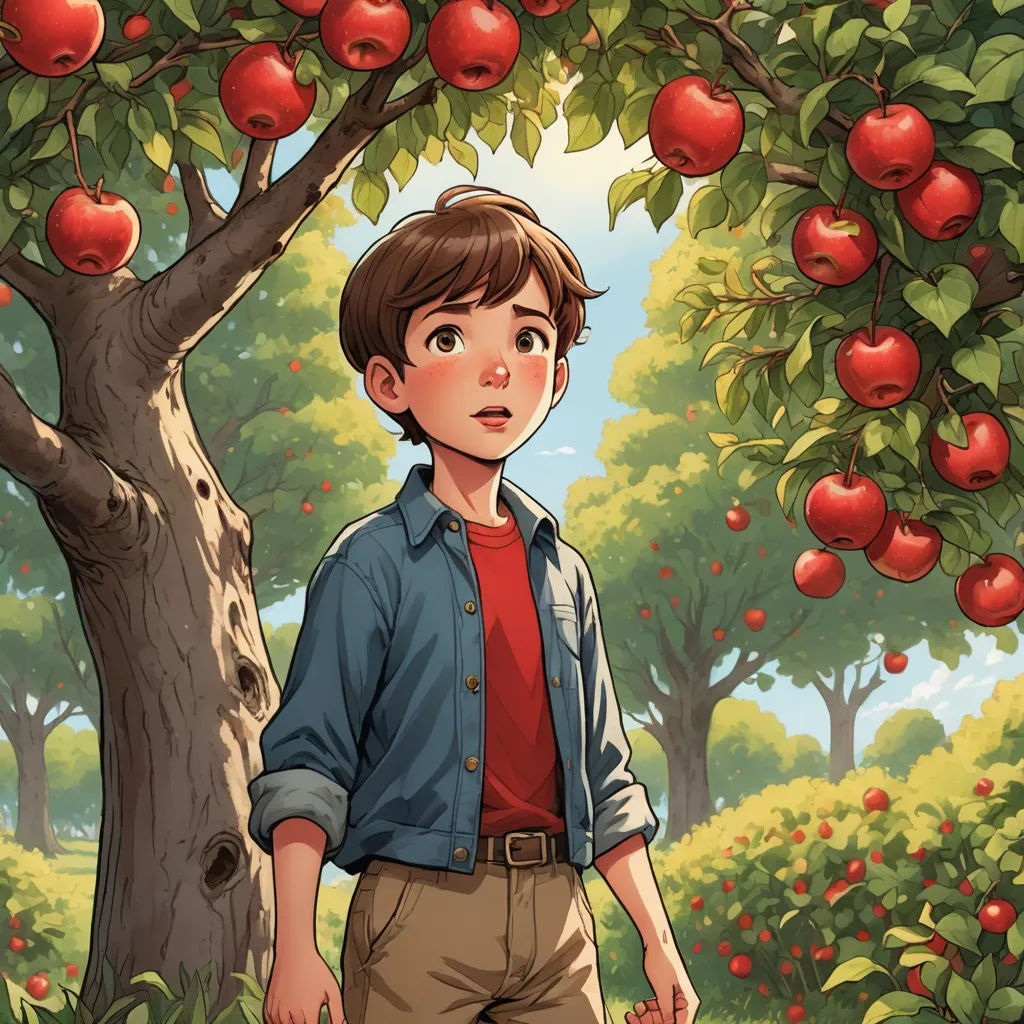 a boy standing in front of a tree with apples on it and a red shirt on his shirt and pants, fantasy art, a storybook illustration, Aaron Jasinski, storybook illustration