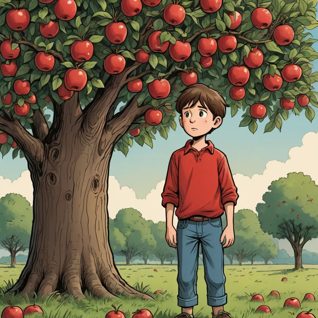 a boy standing under a tree with apples on it in a field of grass and trees with red apples, context art, a storybook illustration, Aaron Jasinski, storybook illustration