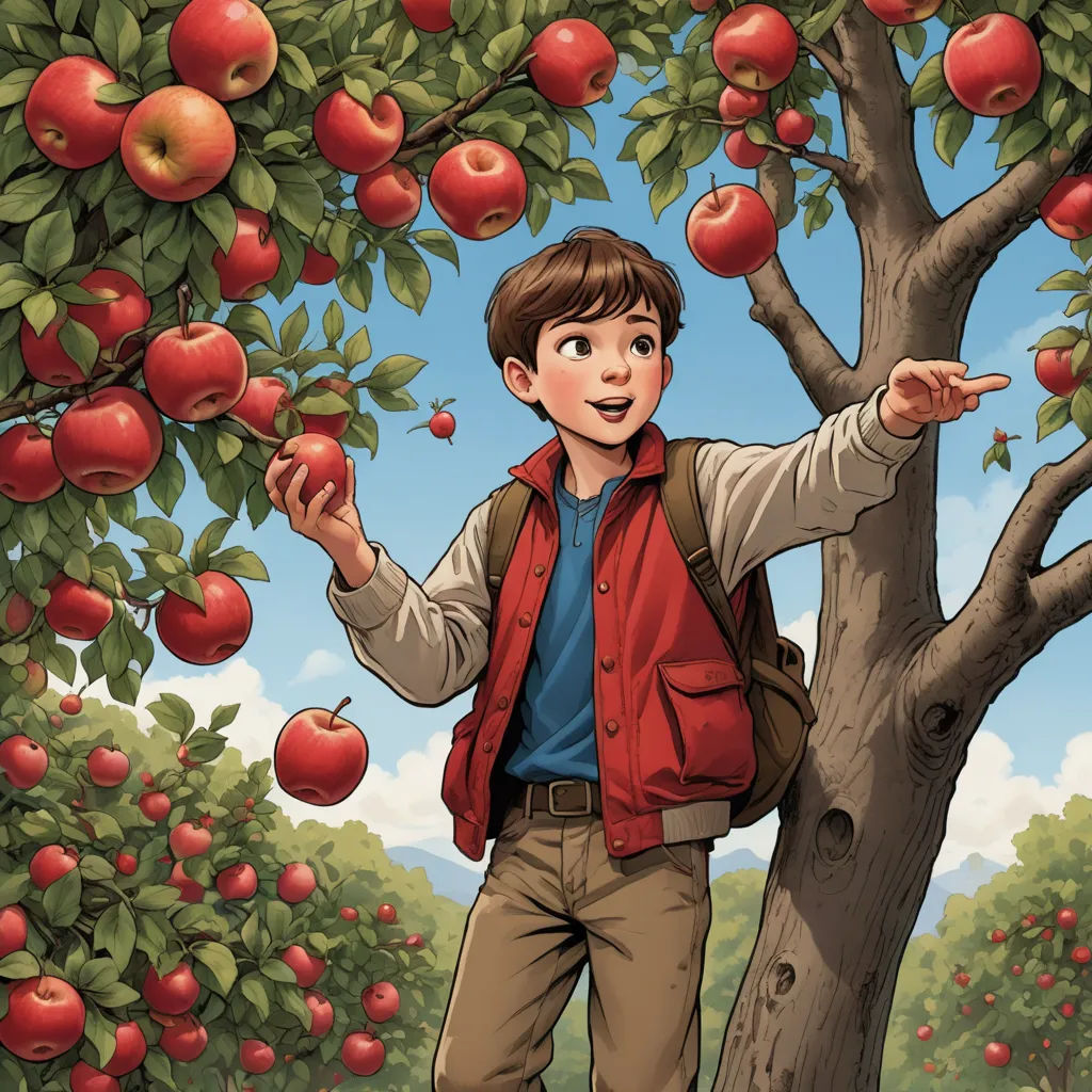 a boy standing in front of a tree with apples on it and pointing to the right side of the tree, fantasy art, a storybook illustration, Aaron Jasinski, comic cover art