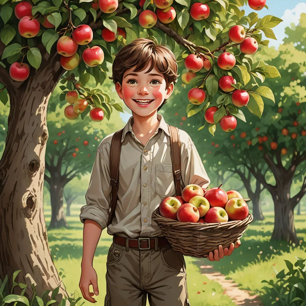 a boy holding a basket of apples in a tree filled with apples on a sunny day with a path, excessivism, a storybook illustration, Aaron Jasinski, highly detailed digital painting
