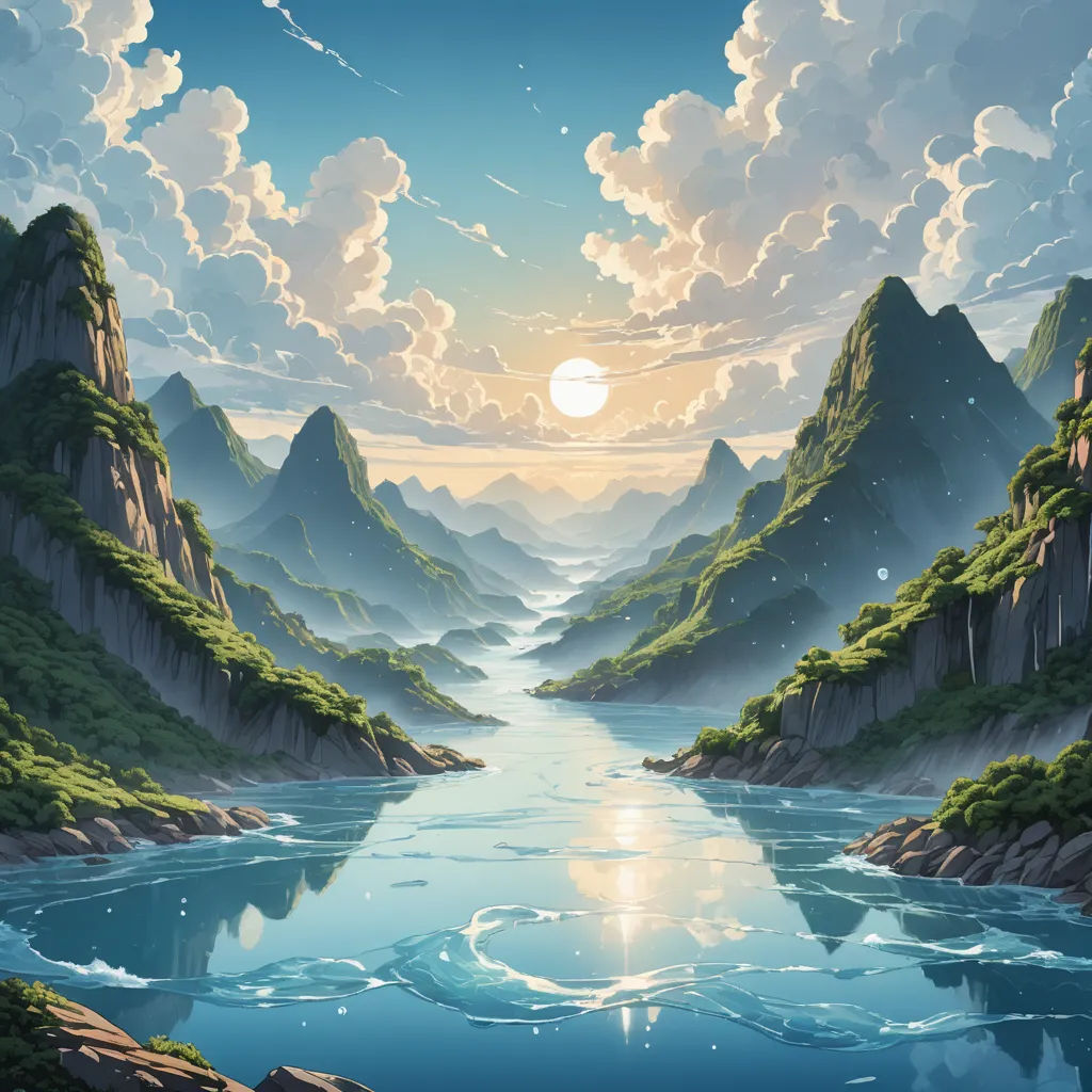 a painting of a river surrounded by mountains and a sunset with clouds in the sky above it and a sun setting over the water, fantasy art, a detailed matte painting, Dan Mumford, matte painting