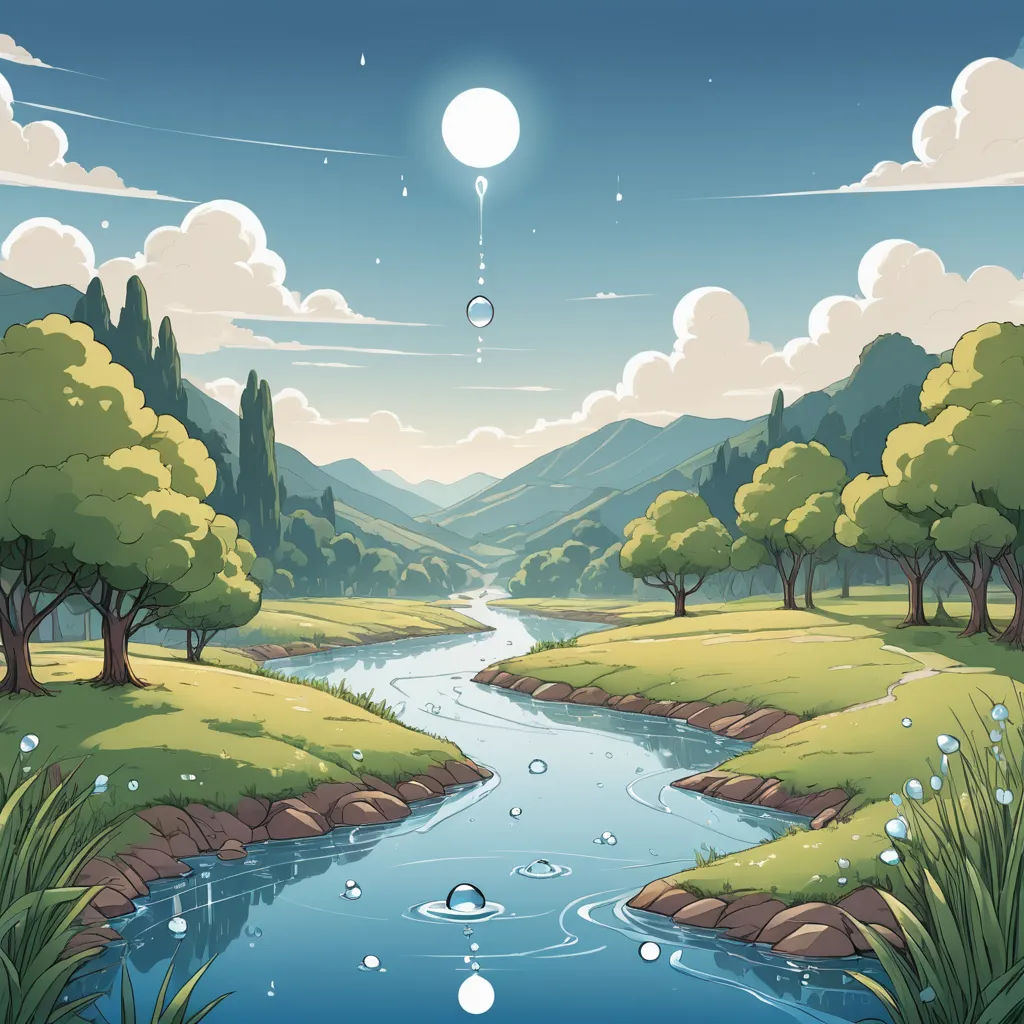 a river flowing through a lush green forest under a blue sky with clouds and stars above it, surrounded by trees, environmental art, a storybook illustration, Chris LaBrooy, storybook illustration