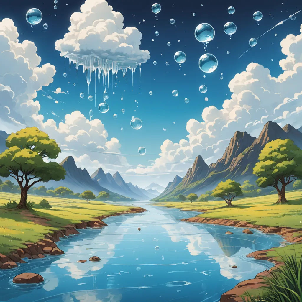 a painting of a river with a mountain in the background and a sky with clouds and rain falling from it, fantasy art, a detailed matte painting, Chris LaBrooy, matte fantasy painting