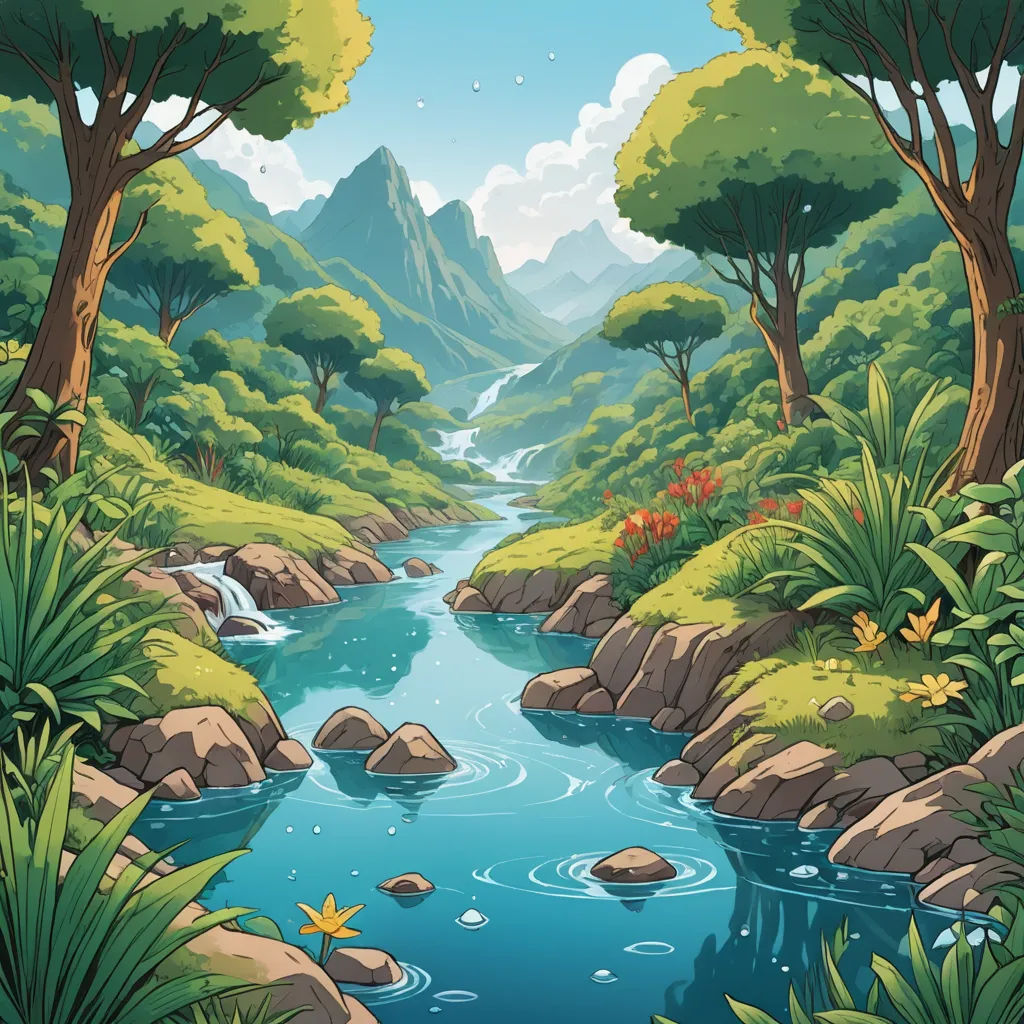 a river flowing through a lush green forest filled with rocks and trees, surrounded by tall mountains and greenery, environmental art, a storybook illustration, Dan Mumford, river