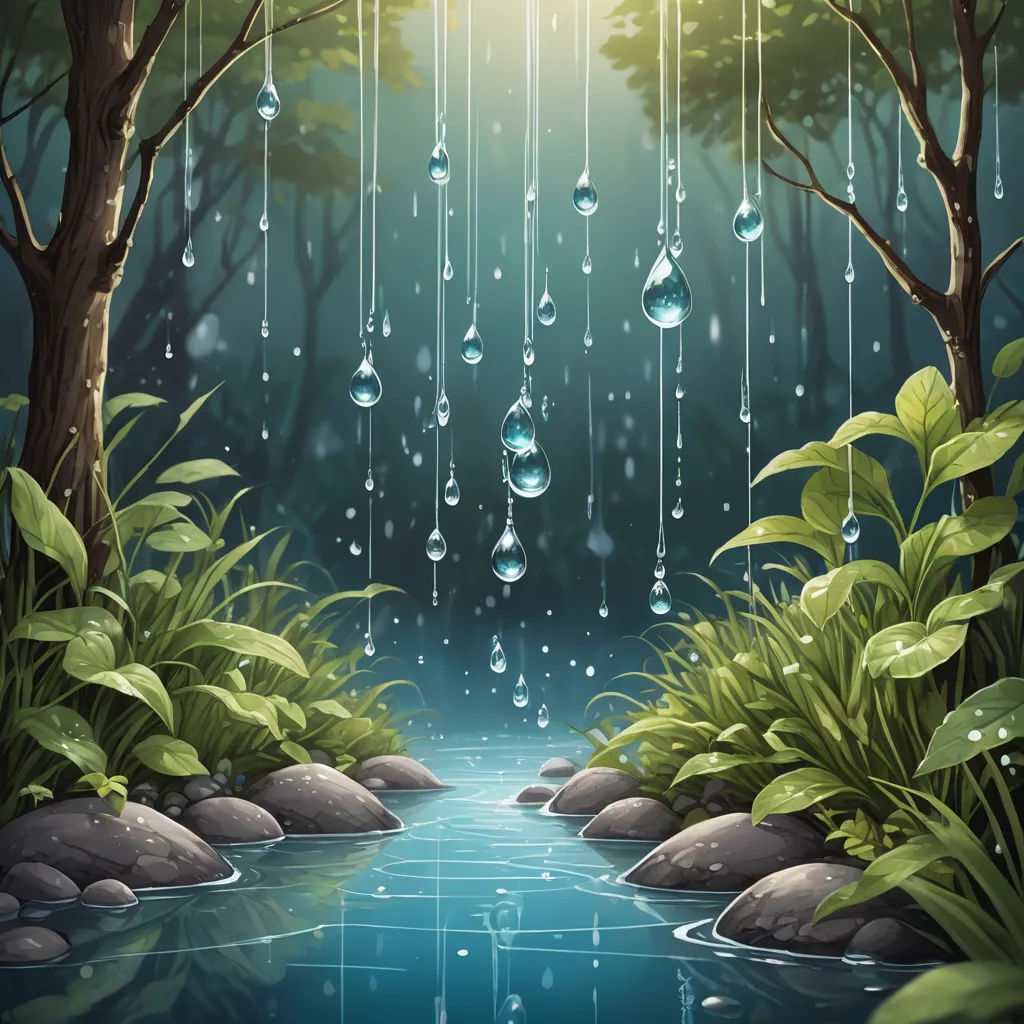 a river with rain drops hanging from it's sides and a forest with rocks and trees in the background, fantasy art, a storybook illustration, Cyril Rolando, rain