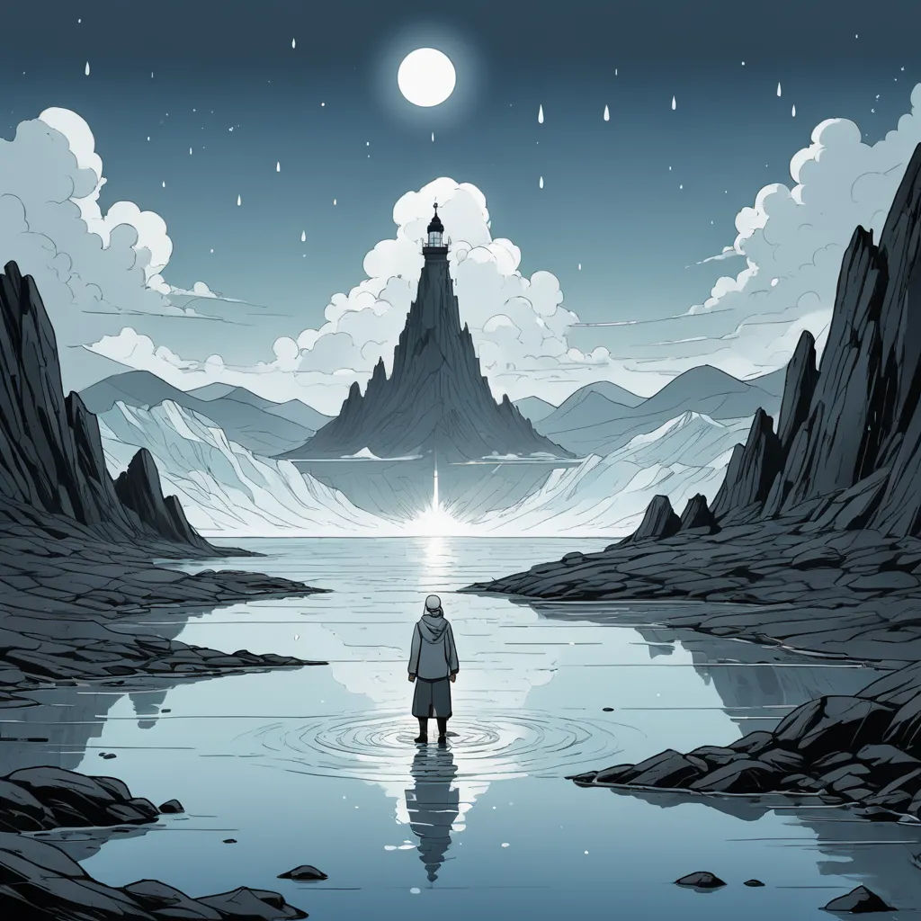 a man standing in a lake with a mountain in the background and a sky with clouds and a light shining on it, fantasy art, poster art, Cliff Childs, promotional image