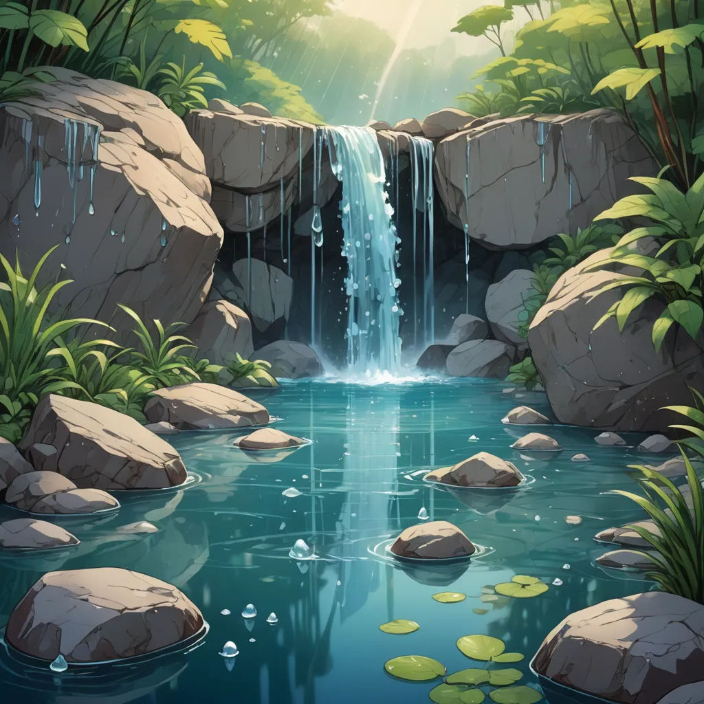 a waterfall in a tropical forest with lily pads and rocks and water lilies floating on the water and a sun shining down, environmental art, a detailed matte painting, Don Bluth, waterfall