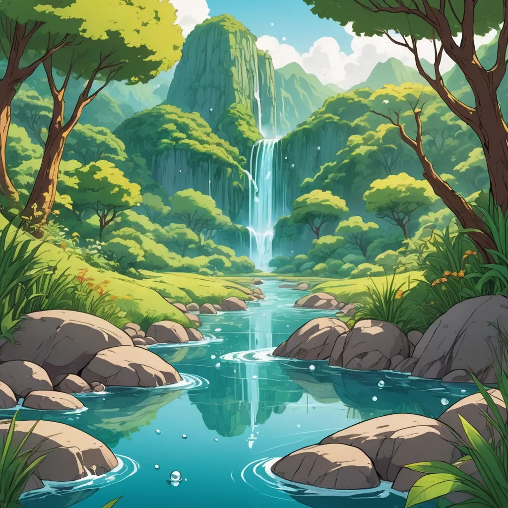 a river flowing through a lush green forest next to a waterfall with a waterfall falling off of it's side, environmental art, a detailed matte painting, Chris LaBrooy, waterfall