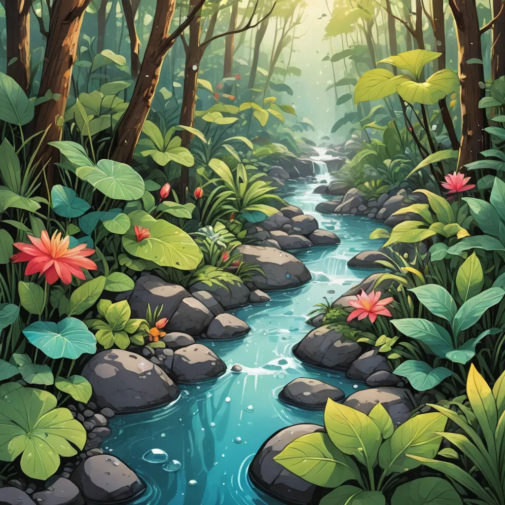 a painting of a river in a forest with flowers and plants around it and a sunbeam in the background, environmental art, a storybook illustration, Chris LaBrooy, jungle
