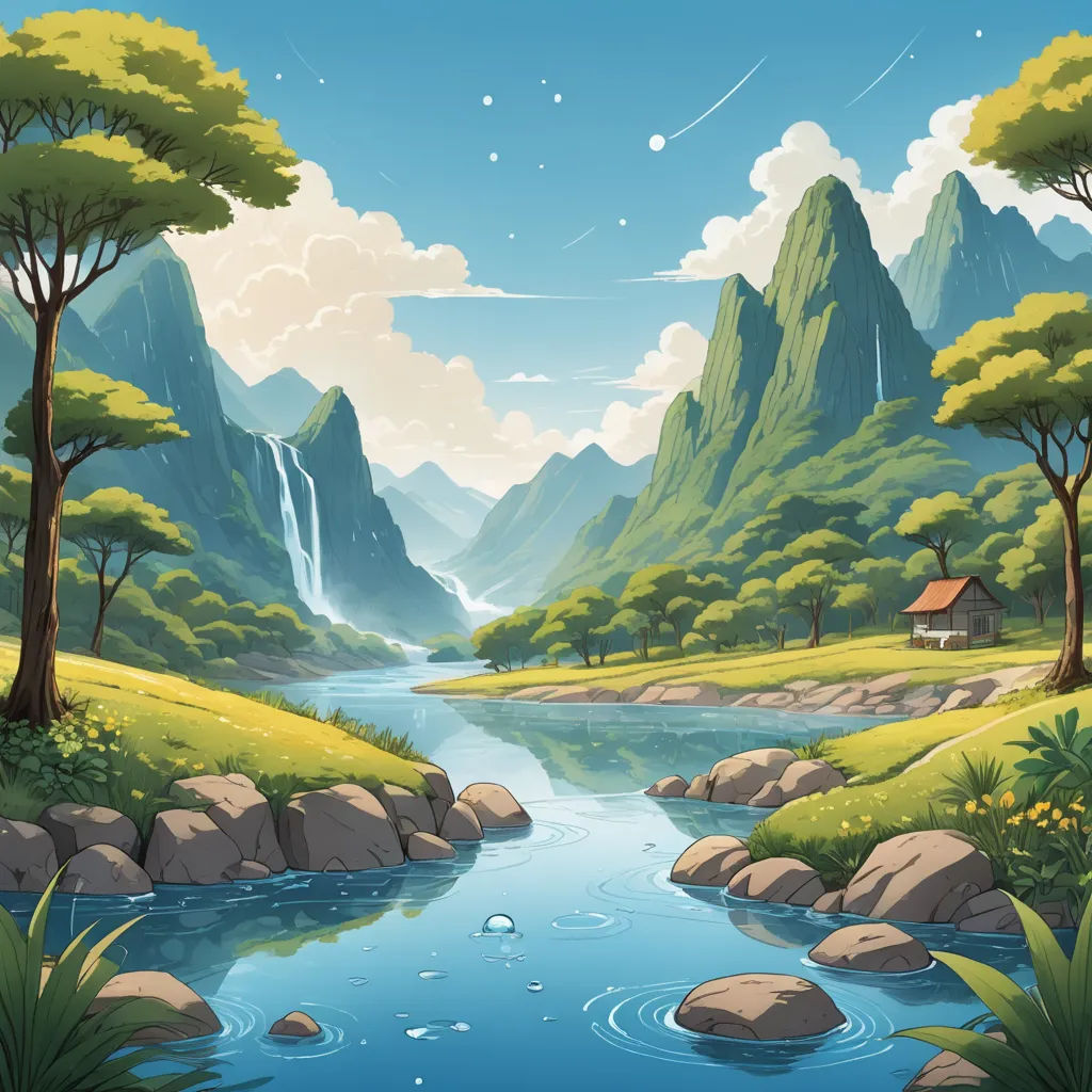a river flowing through a lush green forest under a cloudy sky with a house on top of a mountain, american scene painting, a detailed matte painting, Chris LaBrooy, storybook illustration