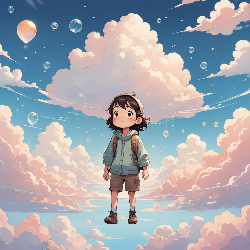a girl standing on a cloud with a sky background and a sky with bubbles in the background and a sky with clouds and a sky with a few clouds, fantasy art, a detailed painting, Cyril Rolando, sky