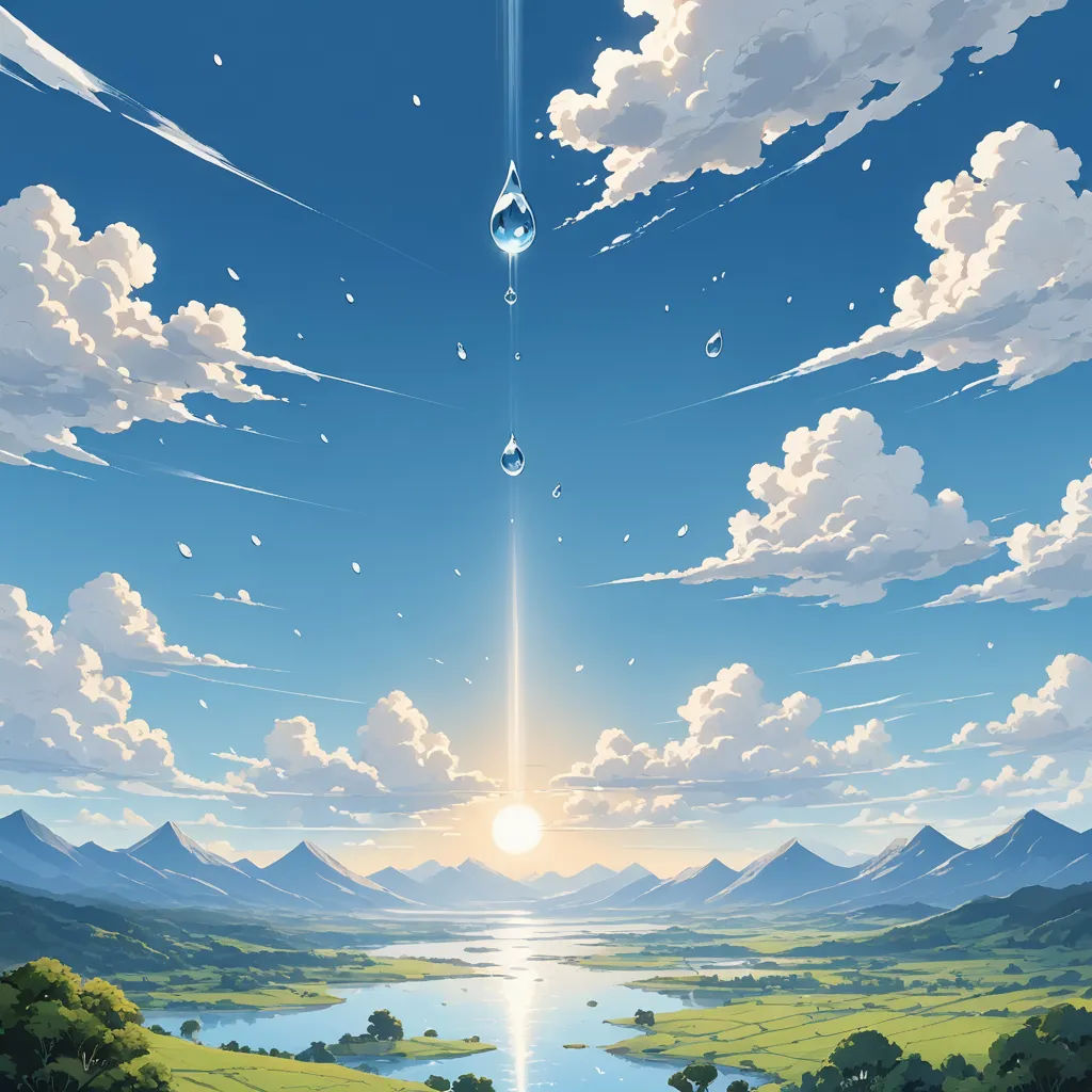 a painting of a landscape with a lake and mountains in the background and a sky with clouds and a sun, rayonism, a detailed matte painting, Chris LaBrooy, anime key visual