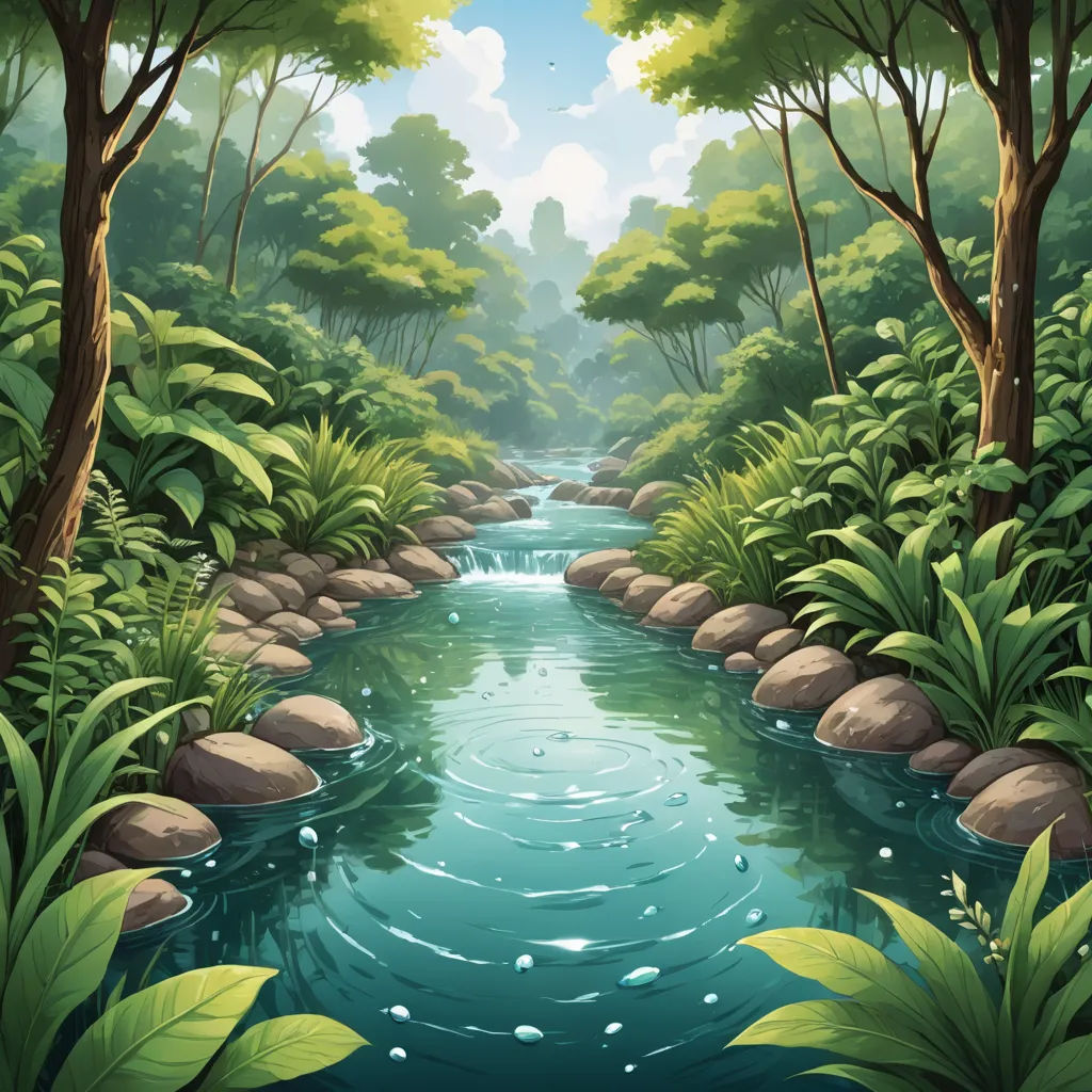 a river flowing through a lush green forest filled with lots of trees and rocks, surrounded by lush green foliage, environmental art, a detailed matte painting, Chris LaBrooy, river