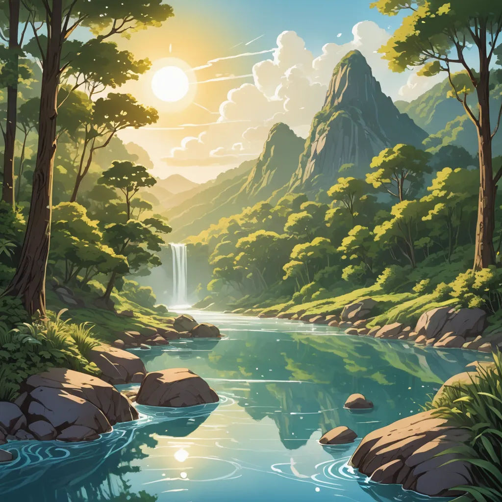 a painting of a river with a waterfall in the middle of it and a sun in the background with clouds, fantasy art, a detailed matte painting, Dan Mumford, matte fantasy painting
