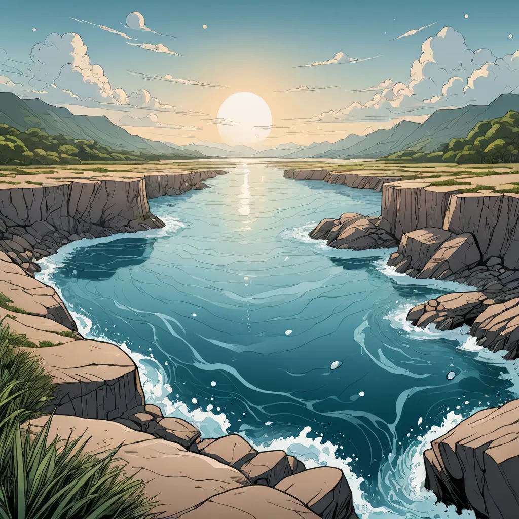 a river flowing through a lush green countryside under a cloudy sky with a sun setting over the mountains behind it, environmental art, a comic book panel, Dan Mumford, official art