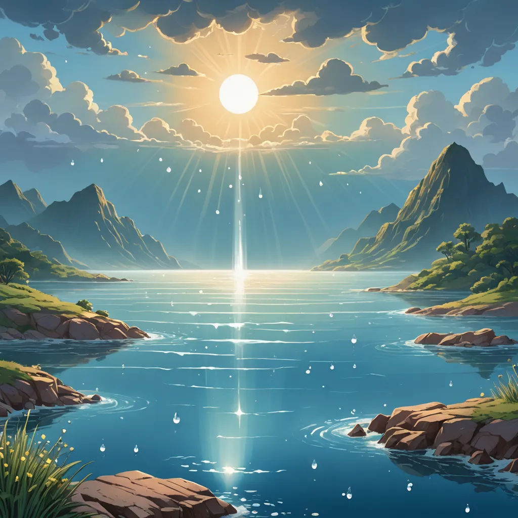 a painting of a lake with a bright sun in the sky above it and mountains in the background with water, fantasy art, a detailed matte painting, Christophe Vacher, light rays