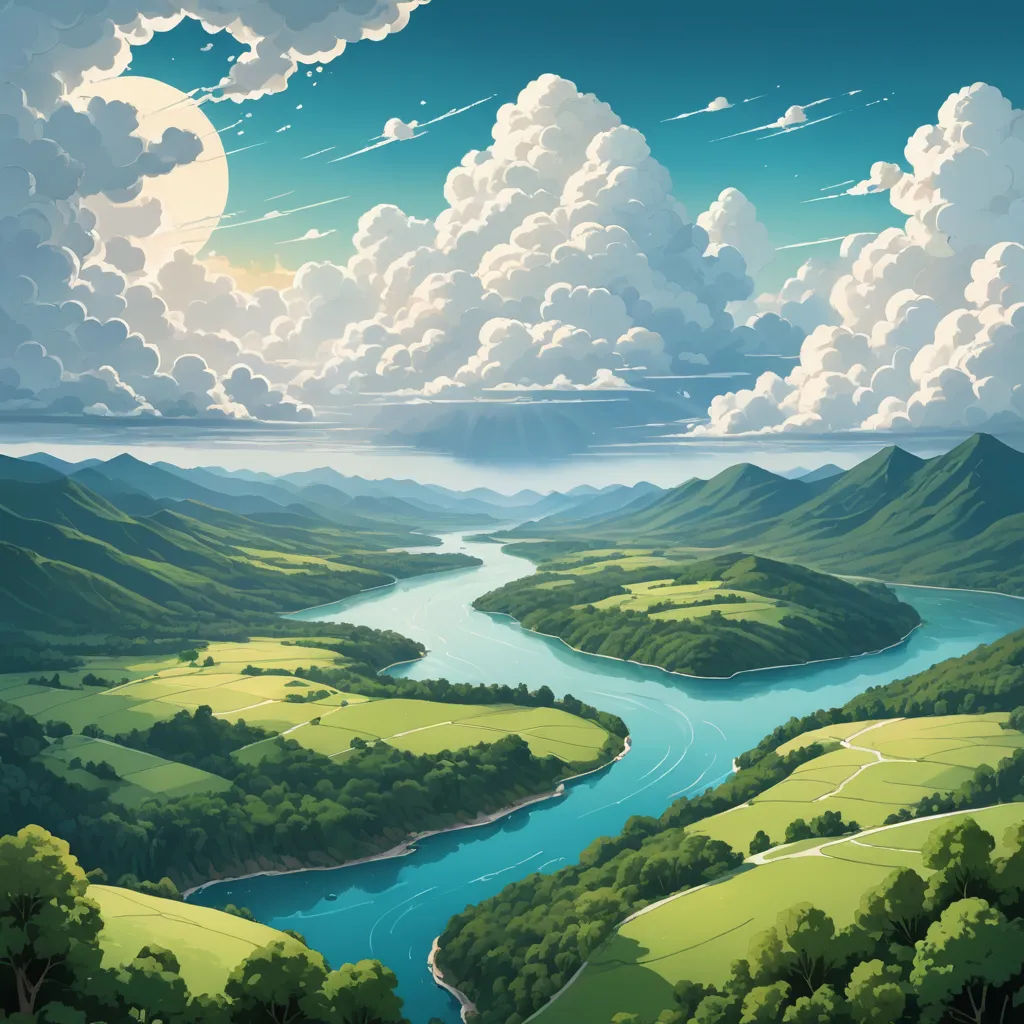 a painting of a river running through a valley under a cloudy sky with a sun shining down on the mountains, fantasy art, a detailed matte painting, Christophe Vacher, river