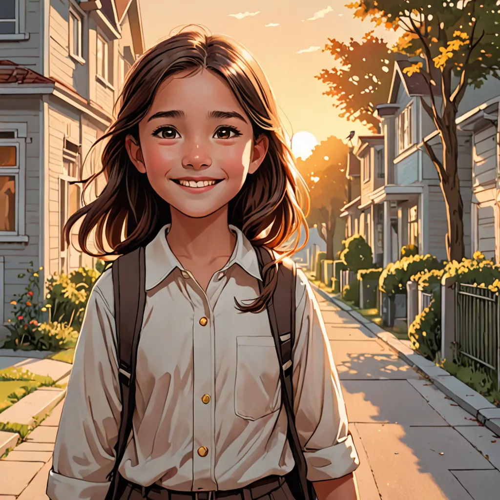 a girl with a backpack is standing on a sidewalk in front of a row of houses and trees, with the sun shining through the windows, american scene painting, a comic book panel, Artgerm, rossdraws global illumination