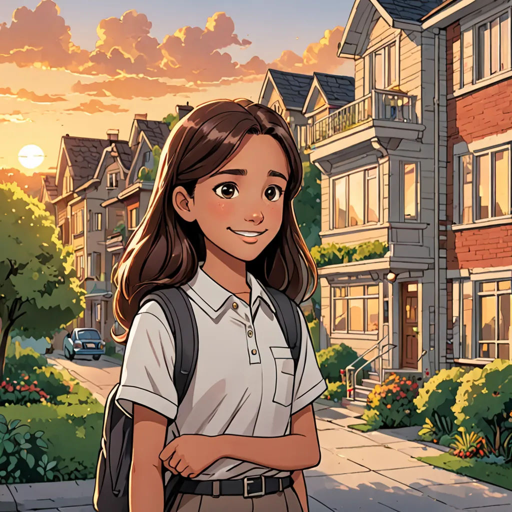 a girl in a white shirt and brown skirt standing in front of a building with a sunset in the background, vancouver school, a comic book panel, Cliff Childs, comic cover art