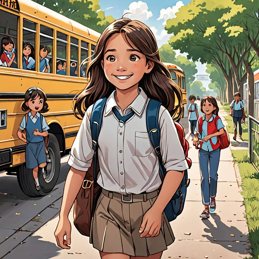 a cartoon of a girl in a school uniform walking towards a school bus with a group of children behind her, vancouver school, a comic book panel, Cliff Childs, comic cover art