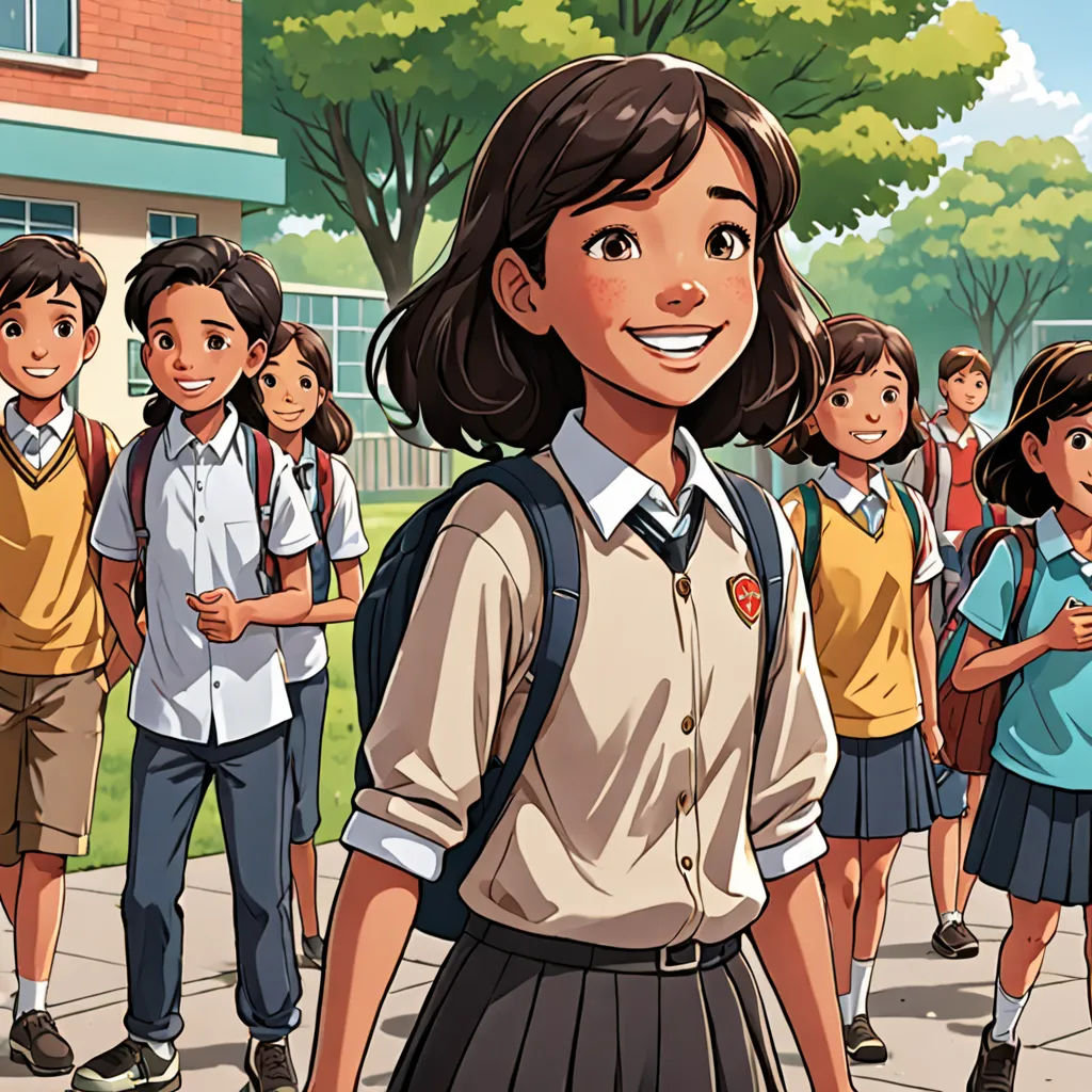 a cartoon of a girl in a school uniform standing in front of a group of school children in a line, danube school, a comic book panel, Choi Buk, official art