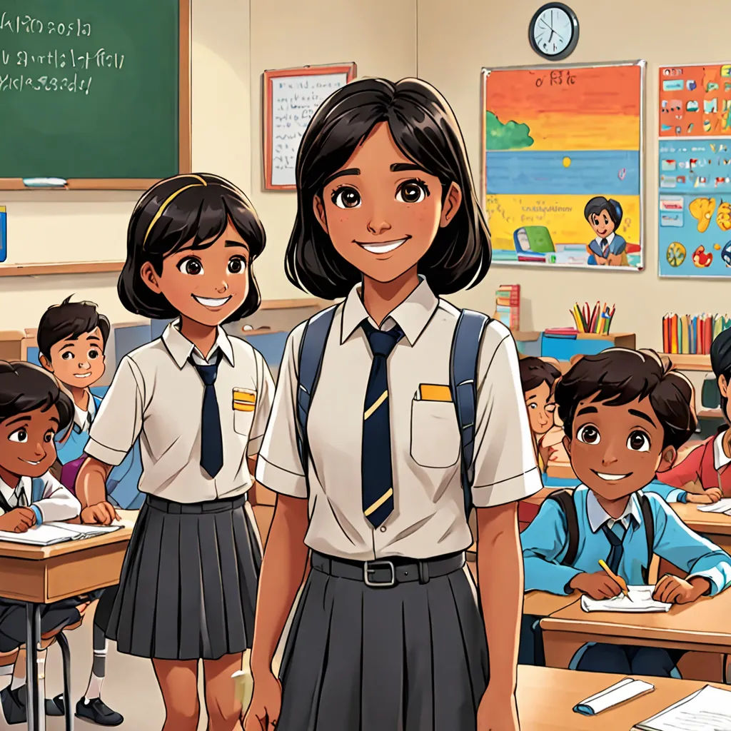 a cartoon of a girl standing in front of a classroom full of students in uniform and smiling at the camera, danube school, a storybook illustration, Ella Guru, official art
