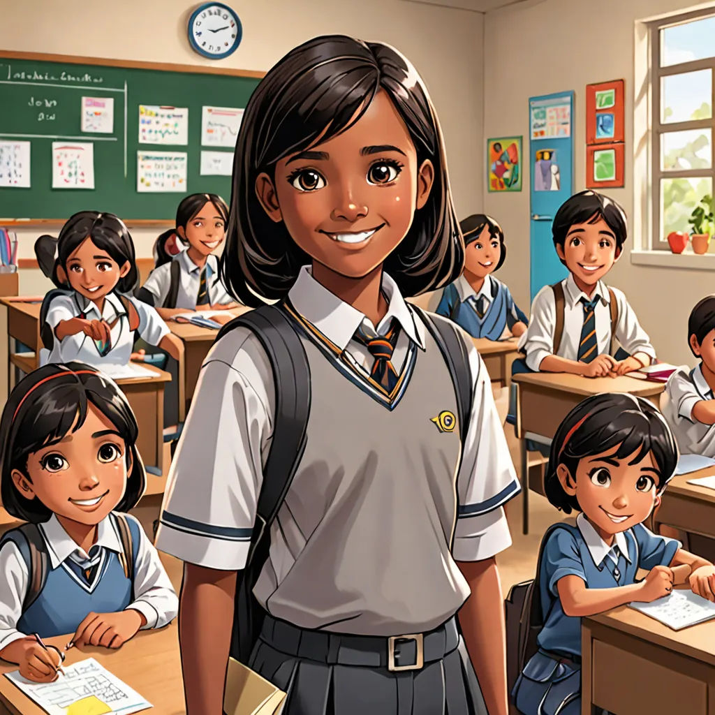 a cartoon of a girl standing in front of a classroom full of students with a clock in the background, bengal school of art, a storybook illustration, Ella Guru, official art