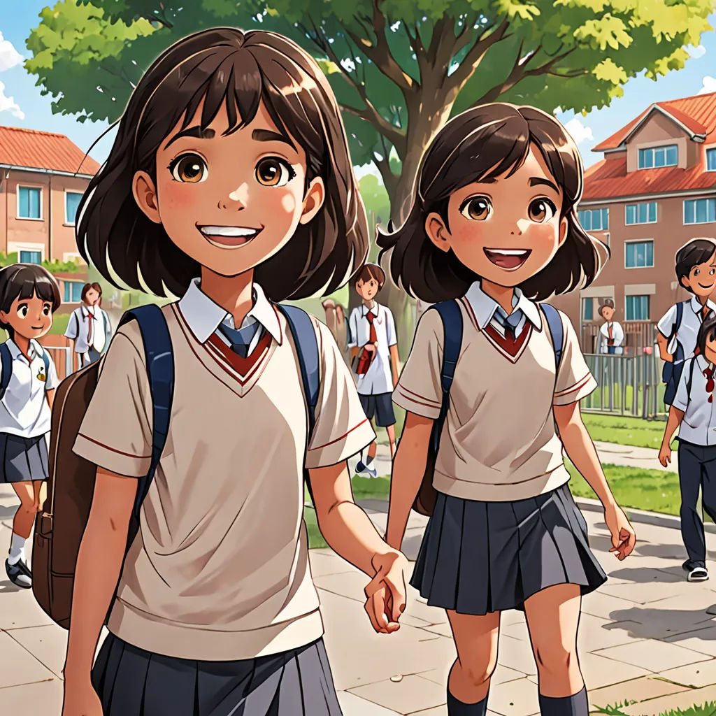 a couple of girls walking down a sidewalk next to a tree and a building with a bunch of people, vancouver school, a comic book panel, Choi Buk, official art