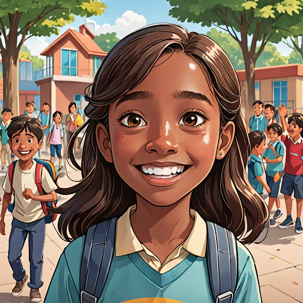 a cartoon of a girl with a backpack and a group of children behind her, all looking at the camera, vancouver school, a storybook illustration, Ella Guru, comic cover art