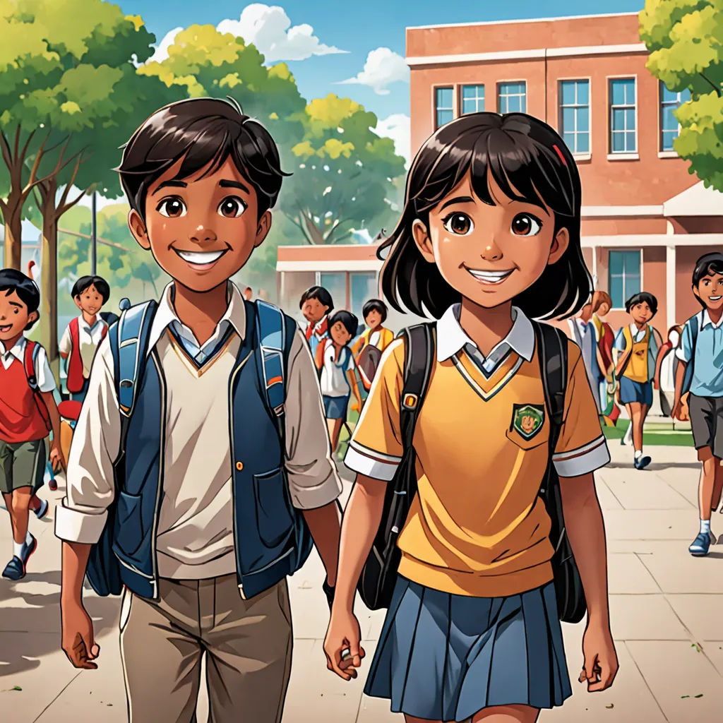 a cartoon of two children walking down a street with school children behind them and a building in the background, danube school, a comic book panel, Altoon Sultan, official art