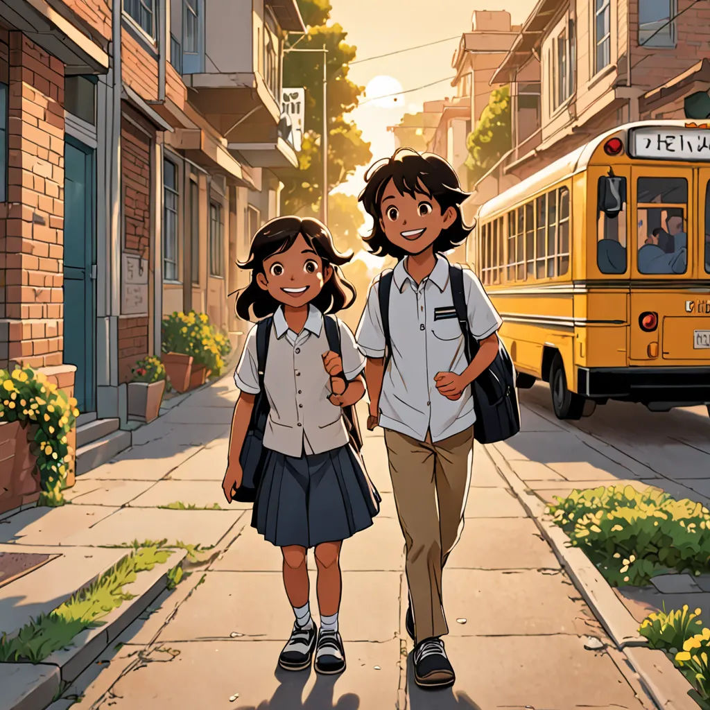 a couple of kids walking down a sidewalk next to a school bus on a street with a yellow bus, paris school, a comic book panel, Brothers Hildebrandt, official art