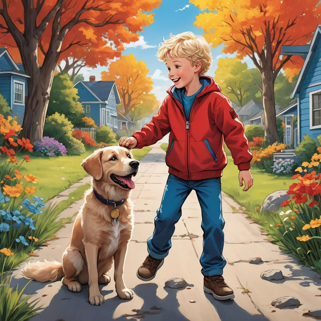 a boy and his dog are walking down a path in the fall leaves and trees, with houses in the background, american scene painting, a storybook illustration, Charles Schulz, official art