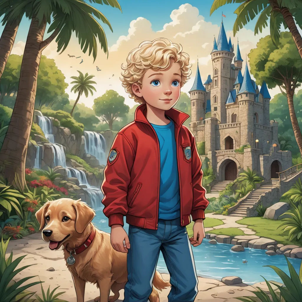 a boy and his dog are standing in front of a castle with a waterfall and waterfall behind him and a waterfall in the background, fantasy art, a storybook illustration, Chris LaBrooy, kinkade
