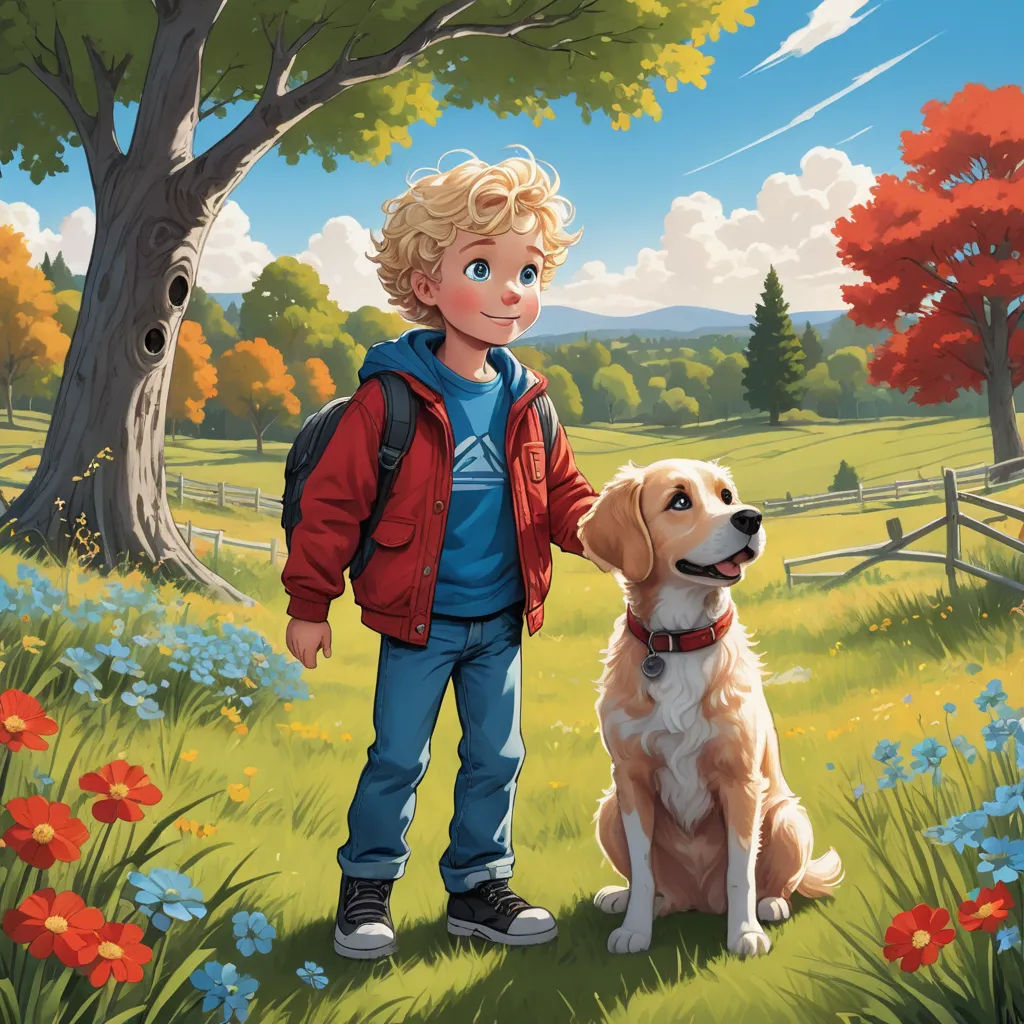 a boy and his dog are standing in a field of flowers and trees, with a fence in the background, american scene painting, a storybook illustration, Aaron Jasinski, official art