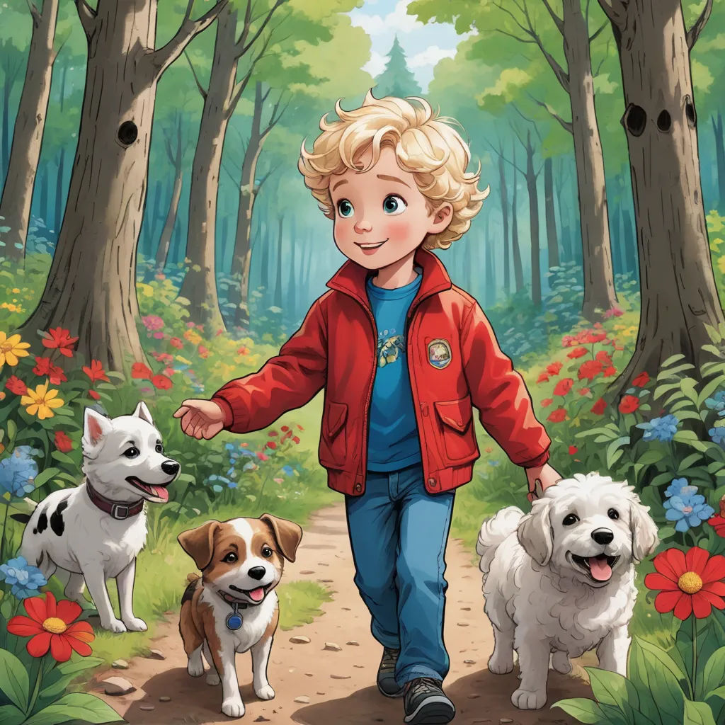 a boy walking two dogs in a forest with flowers on the ground and trees in the background, with a red jacket on, furry art, a storybook illustration, Aaron Jasinski, key art