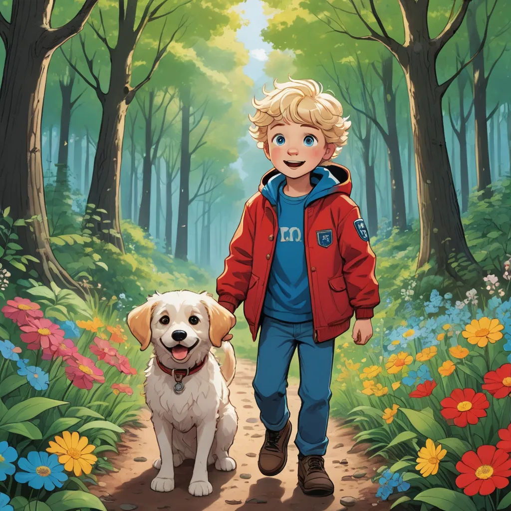a boy walking a dog in a forest with flowers on the ground and trees in the background, with a dog on the ground, process art, a storybook illustration, Cliff Childs, official art